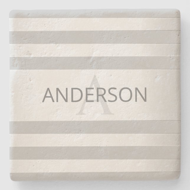 Contemporary Faux Silver Ombre Stripes & Grey Stone Coaster (Front)