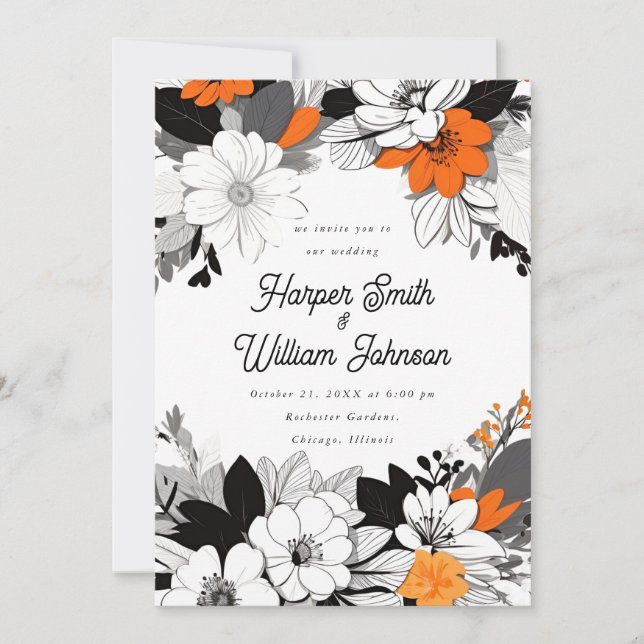 Contemporary floral black, white, orange wedding invitation (Front)