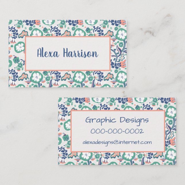 Contemporary Floral Doodle Print Business Card (Front/Back)