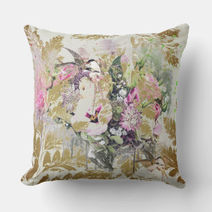 Contemporary Florals, Birds Sage Background Throw Pillow
