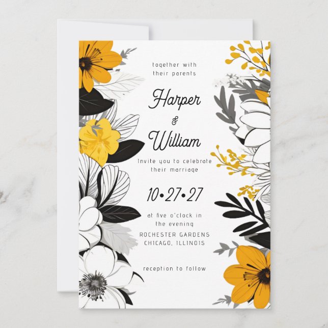 Contemporary flowers black, white, yellow wedding invitation (Front)