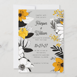 Contemporary flowers black, white, yellow wedding invitation