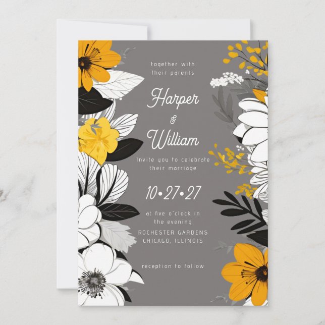 Contemporary flowers black, white, yellow wedding invitation (Front)