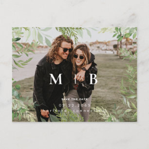 Contemporary Foliage Monogram Photo Save the Date Postcard