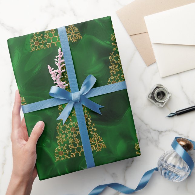 Contemporary Gold Christmas Trees on Green Wrapping Paper (Gifting)