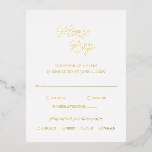 Contemporary Gold Foil Modern Wedding RSVP Card (Front)