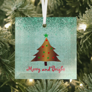 Contemporary Gold Green and Red Christmas Tree Gla Glass Ornament