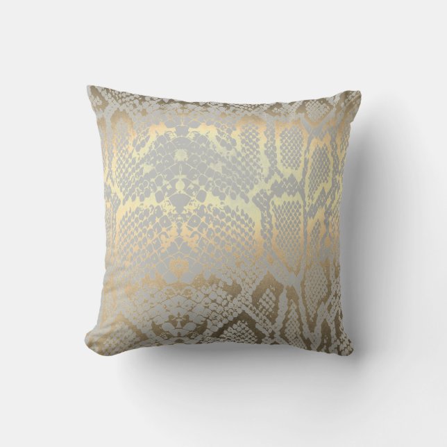 Contemporary Gold Grey Animal Python Snake Skin Throw Pillow (Front)