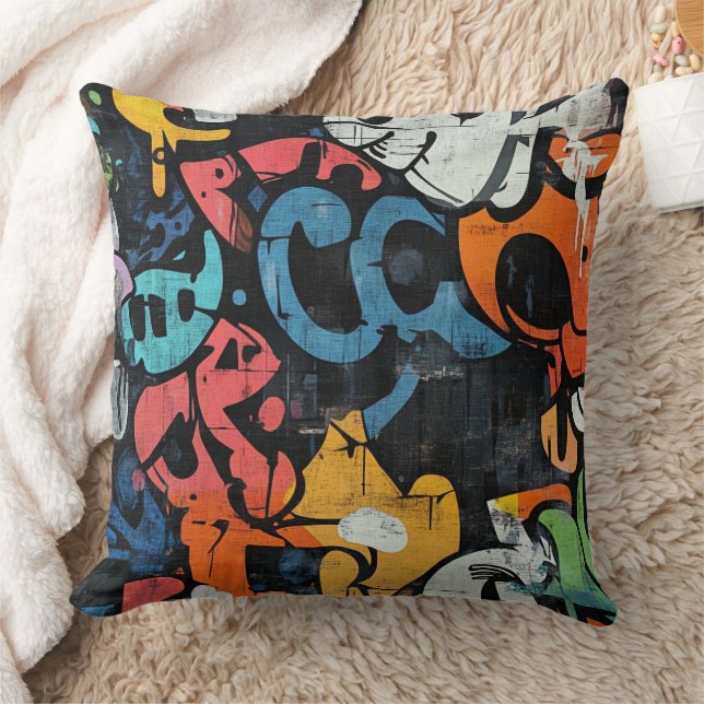 Contemporary Graffiti Abstract Pink Blue Black Throw Pillow (Blanket)