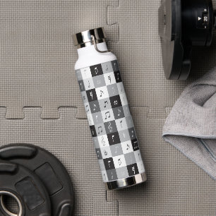Contemporary grayscale music notes pattern water bottle
