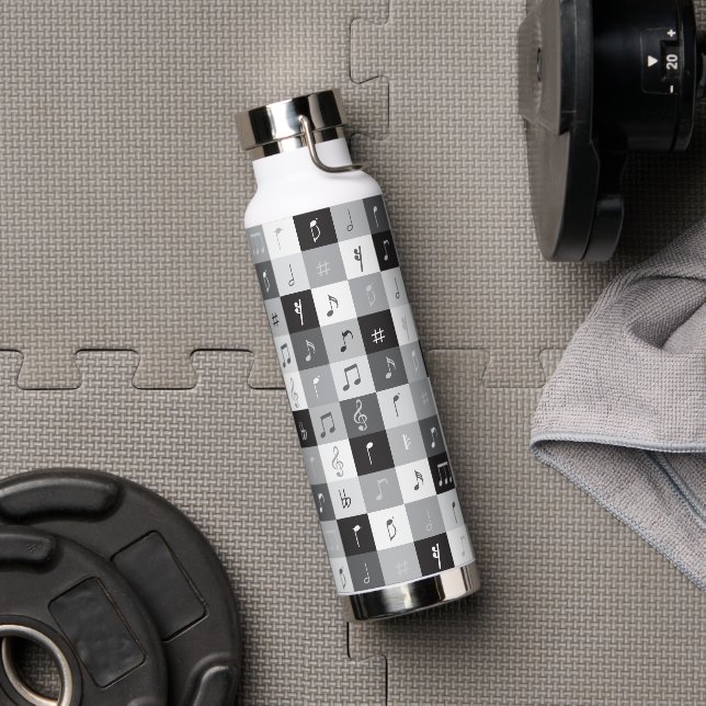 Contemporary grayscale music notes pattern water bottle (Gym)