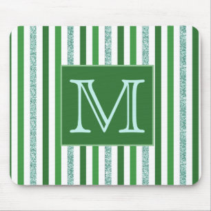Contemporary Green Silver Glitter Stripes Monogram Mouse Pad