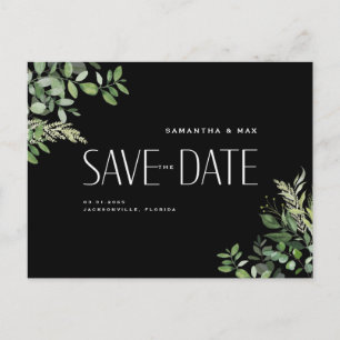 Contemporary Greenery Black Wedding Save the Date Announcement Postcard