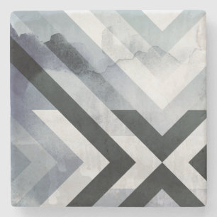 Contemporary Grey Black Distressed Geometric Stone Coaster