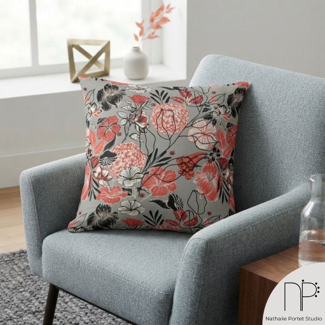 Contemporary Grey Floral Pattern Throw Pillow (This Contemporary Gray Floral Pattern Throw Pillow features hand-drawn tropical floral art.)
