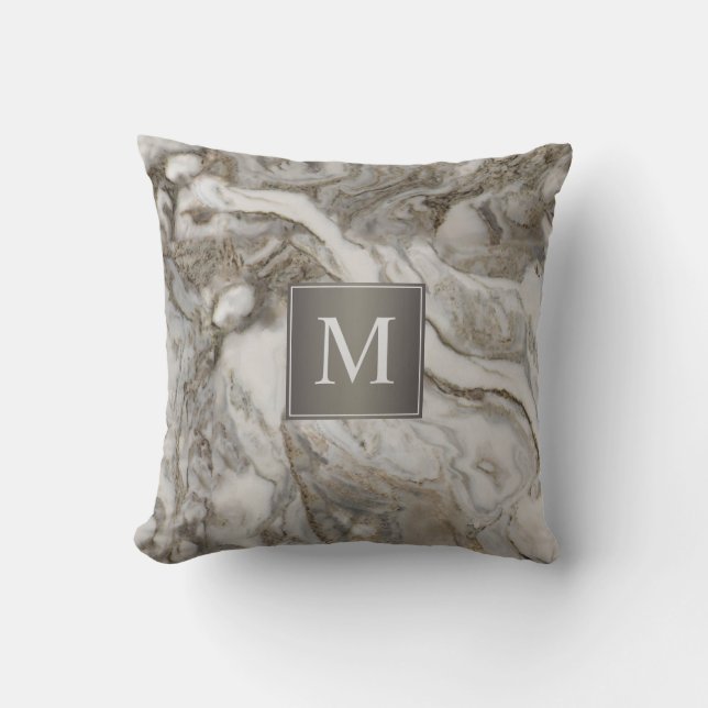 Contemporary Grey Marble Pattern with Monogram Throw Pillow (Front)