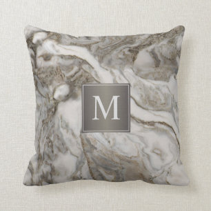 Contemporary Grey Marble Pattern with Monogram Throw Pillow