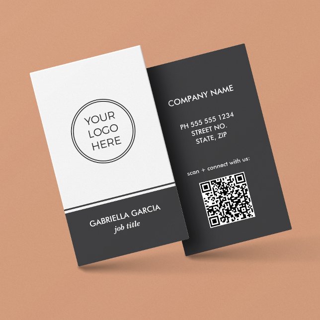 Contemporary Grey QR Code Logo Business Card (Card shown in 3.5x2 inches. Personalize and choose size, corner + paper style)
