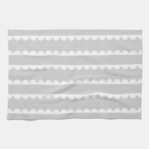 Contemporary Grey White Lace Stripes Pattern Kitchen Towel