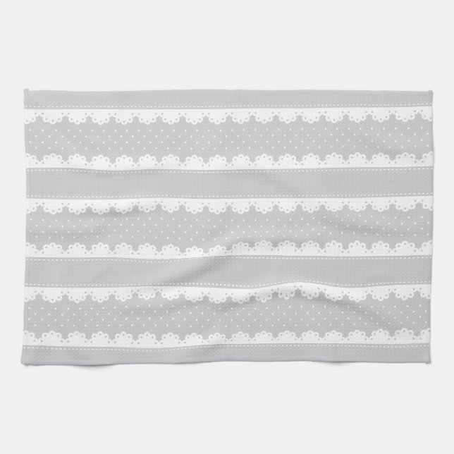 Contemporary Grey White Lace Stripes Pattern Kitchen Towel (Horizontal)