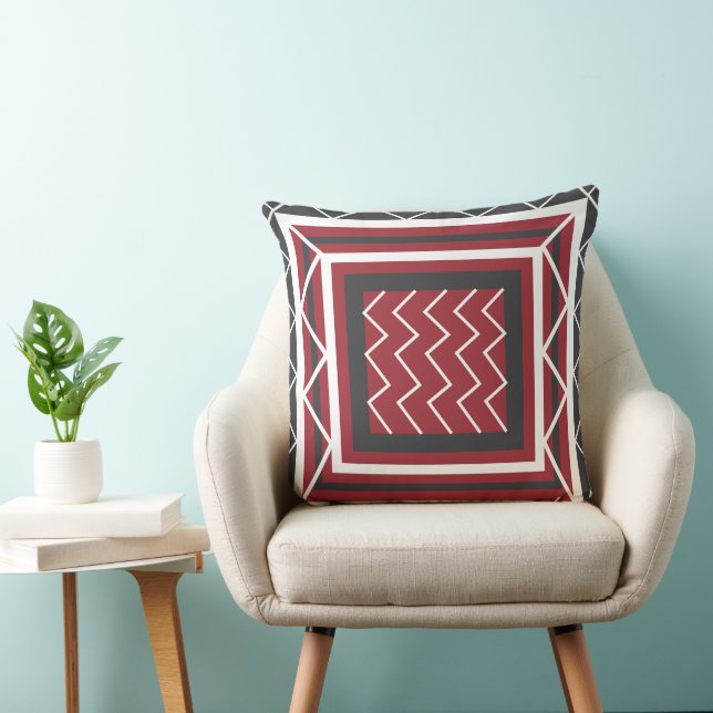 Contemporary Grey White Red Square Chevron Stripe  Throw Pillow (Chair)