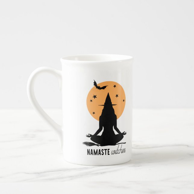 Contemporary Halloween yoga Witch Bone China Mug (Left)