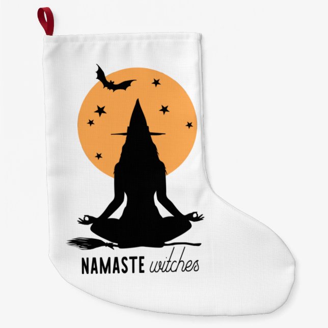 Contemporary Halloween yoga Witch Large Christmas Stocking (Front)