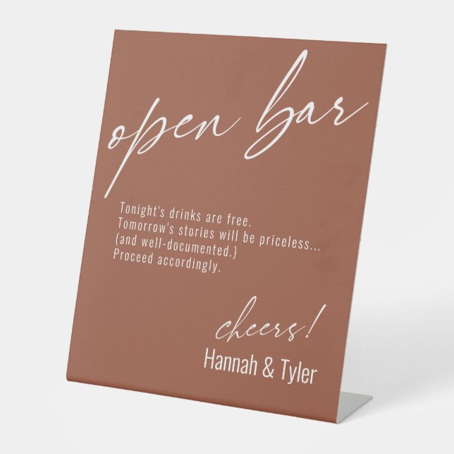 Contemporary Handwriting Funny Open Bar Terracotta Pedestal Sign (Front)