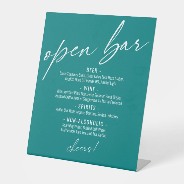 Contemporary Handwriting Simple Teal Open Bar Menu Pedestal Sign (Front)