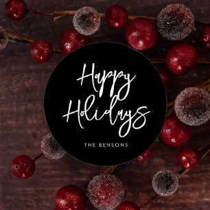 Contemporary Happy Holidays Black Classic Round Sticker
