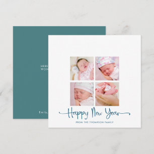 Contemporary Happy New year 4 photo Turquoise Holiday Card