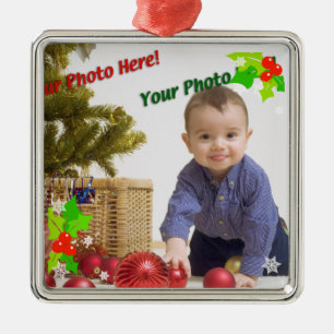 Contemporary Holly Christmas Photo Ornament