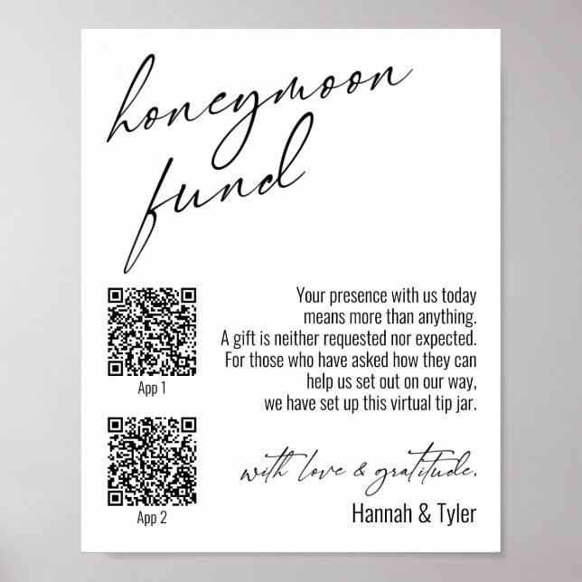 Contemporary Honeymoon Fund QR Codes Simple Sign (Front)