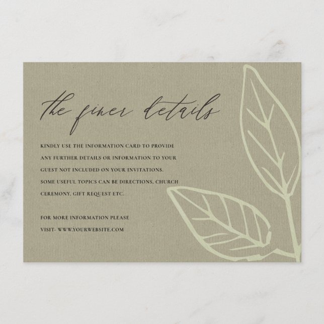 CONTEMPORARY KRAFT AQUA BLUE LEAVES INFORMATION ENCLOSURE CARD (Front)