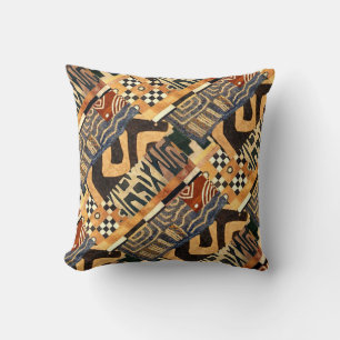 Contemporary Kuba Motif Collage Design Throw Pillow
