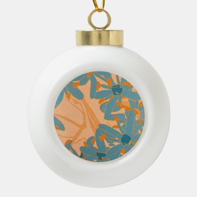 Contemporary Leaf Design in Peach Ceramic Ball Christmas Ornament (Front)