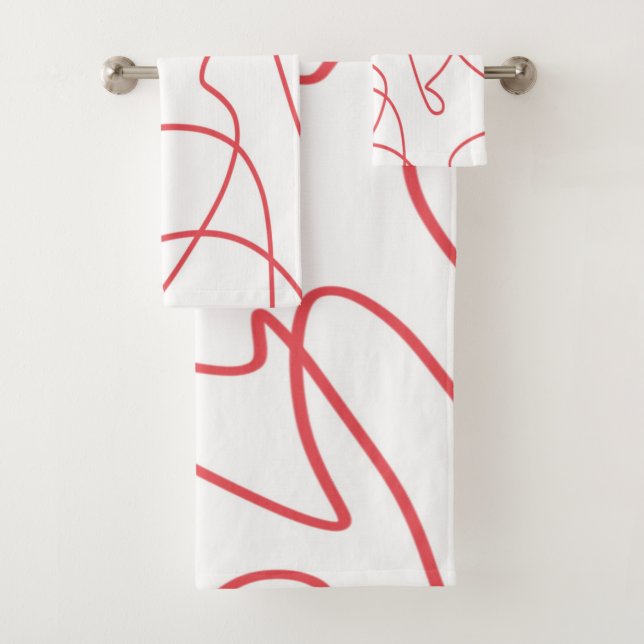 Contemporary Line Art: Red and White Bath Towel Set (Insitu)