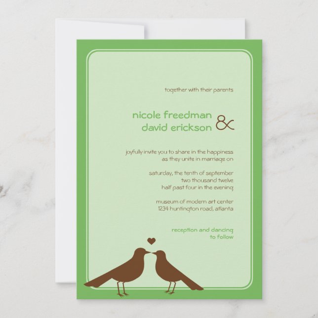 Contemporary love birds green wedding invitation (Front)