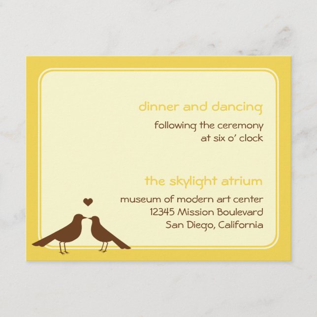 Contemporary love birds yellow wedding reception enclosure card (Front)
