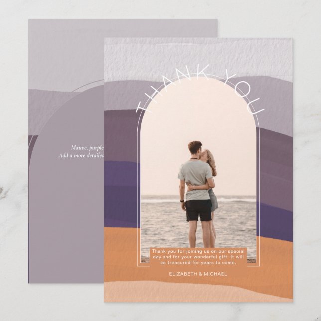 Contemporary Mauve Orange Striped PHOTO THANK YOU  Invitation (Front/Back)