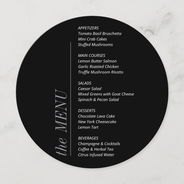 Contemporary Minimalist Black and White Wedding  Menu (Front)