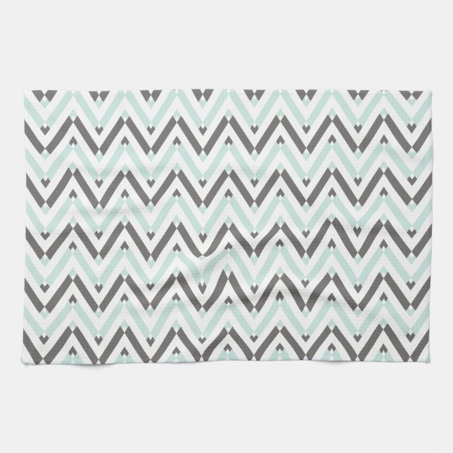 Contemporary Mint Grey White Chevron Striped Kitchen Towel (Horizontal)