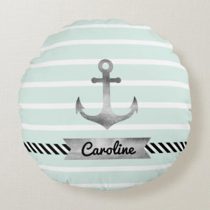 Contemporary Mint Stripes Anchor Personalized Round Pillow