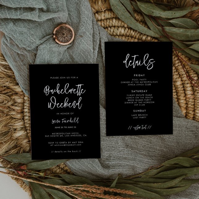Contemporary modern black Bachelorette weekend Invitation (Creator Uploaded)