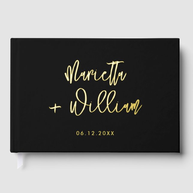 Contemporary Modern Black & Gold Wedding Guest Book (Front)