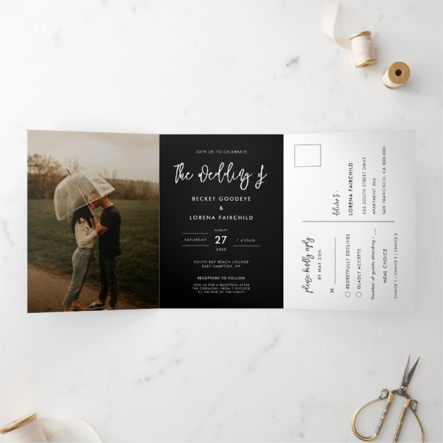 Contemporary modern black wedding photo Tri-Fold invitation (Inside)