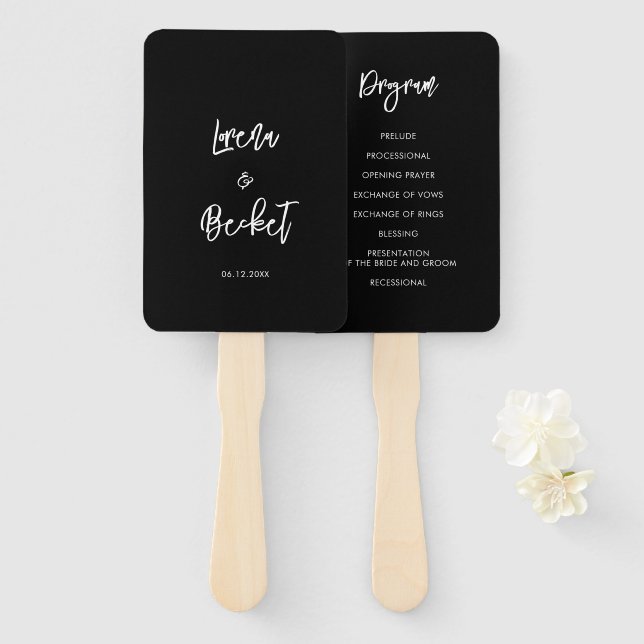 Contemporary modern black wedding program hand fan (Front and Back)