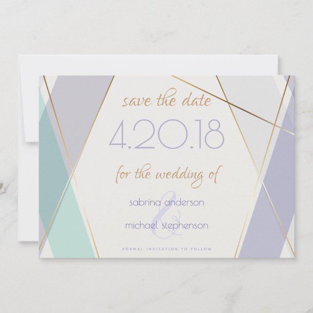 Contemporary Modern Geometric Stripes Mint Violet Save The Date (Front)
