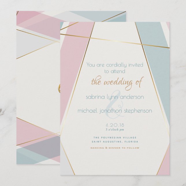 Contemporary Modern Geometric Stripes Teal Rose Invitation (Front/Back)