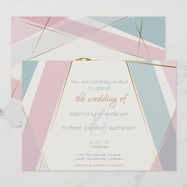 Contemporary Modern Geometric Stripes Teal Rose Invitation (Front/Back)